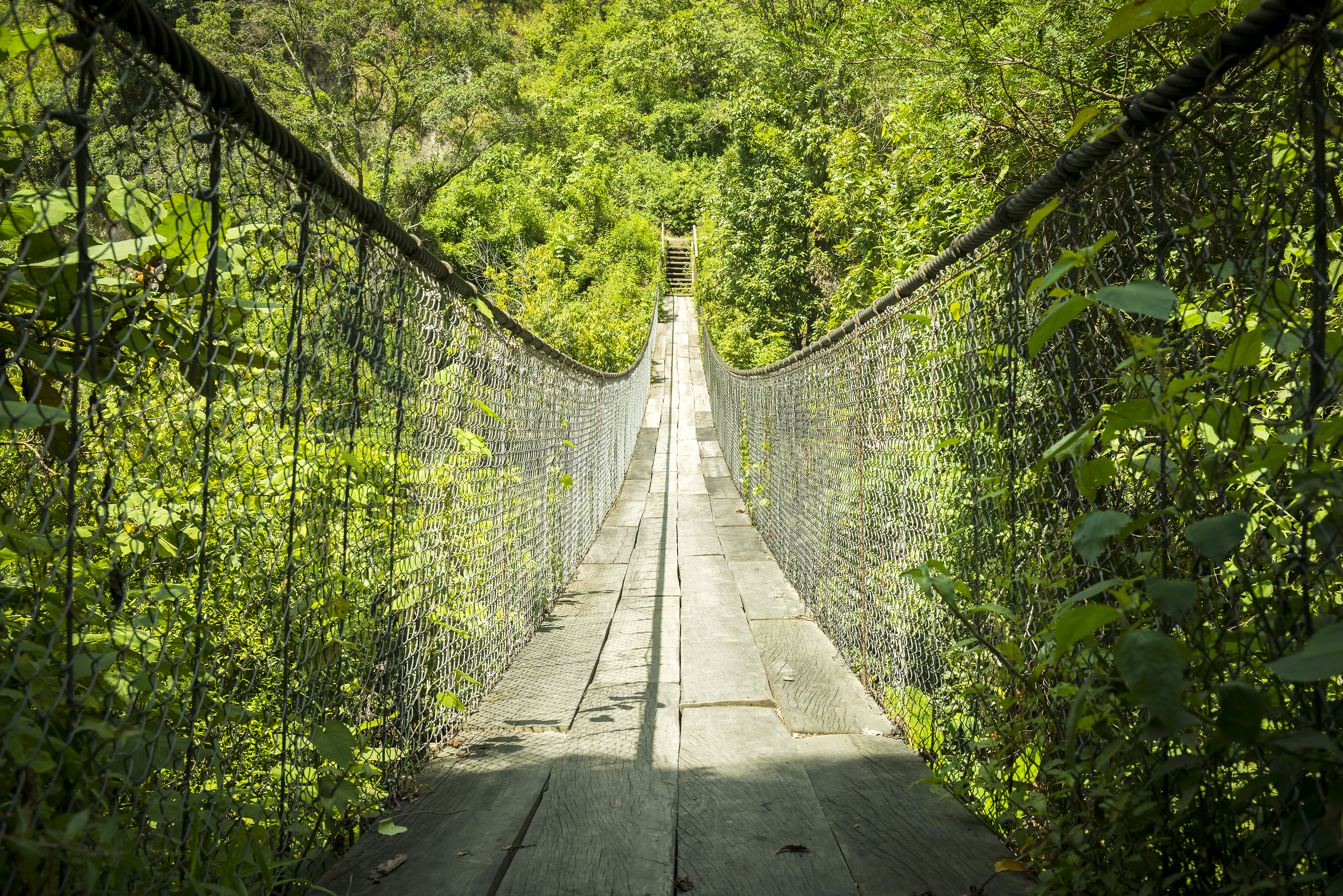 Wooden suspension bridge over river in Panajachel, Guatemala, Central America